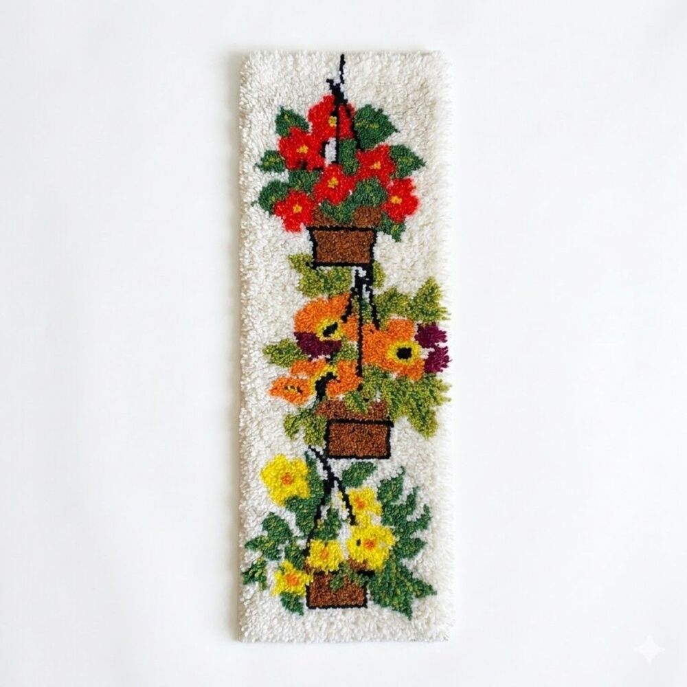 Vintage 1970s Latch Hook Wall Hanging Retro Shag Fiber Art Floral Boho 16" x 46"